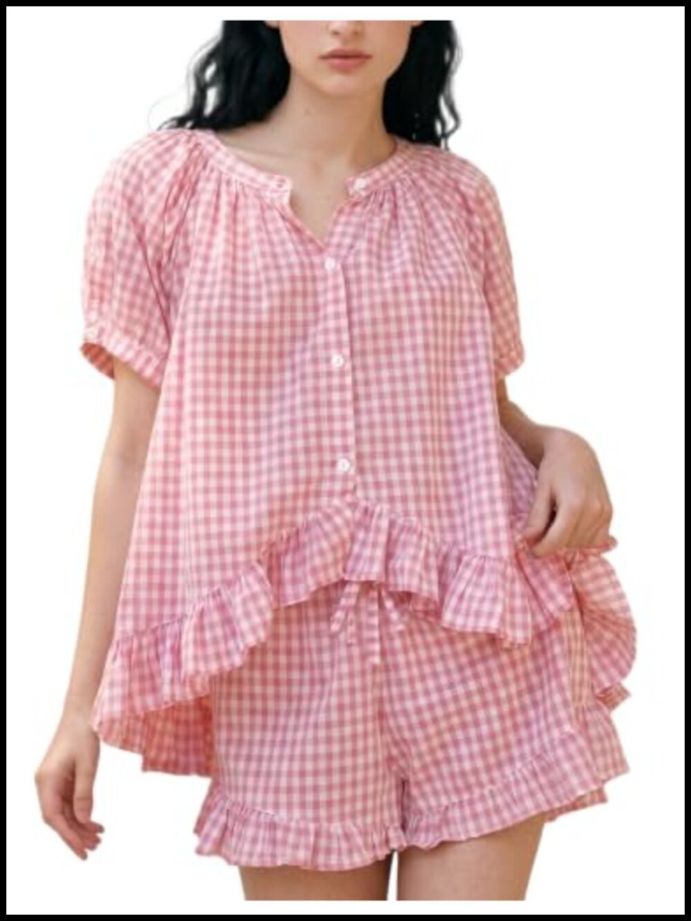 100% Cotton Pajama Set 2 Piece Ruffle Babydoll Top and Shorts Women